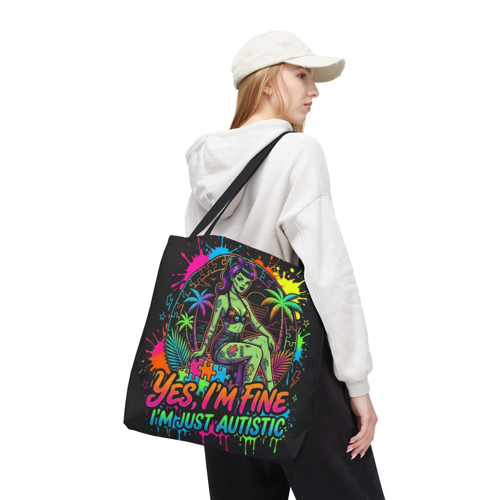 Autistic Pride Tote Bag — “Yes, I’m Fine, I’m Just Autistic” Neon Pinup Tote
