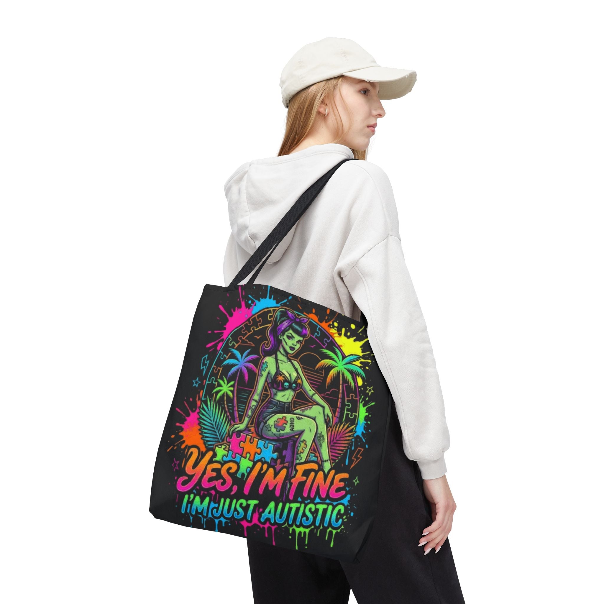 Autistic Pride Tote Bag — “Yes, I’m Fine, I’m Just Autistic” Neon Pinup Tote