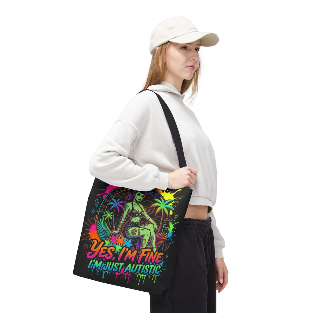 Autistic Pride Tote Bag — “Yes, I’m Fine, I’m Just Autistic” Neon Pinup Tote