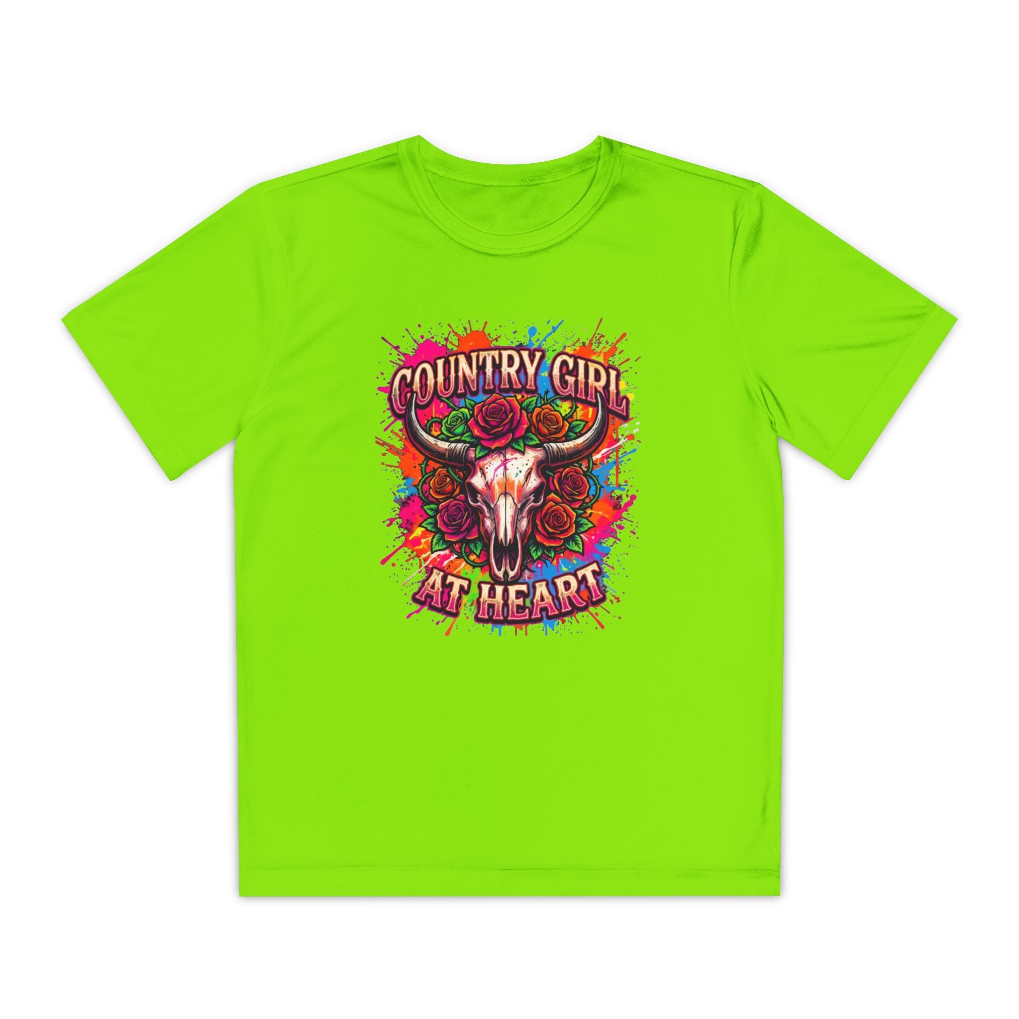 Youth T-Shirt — "Country Girl at Heart" Floral Bull Skull Graphic
