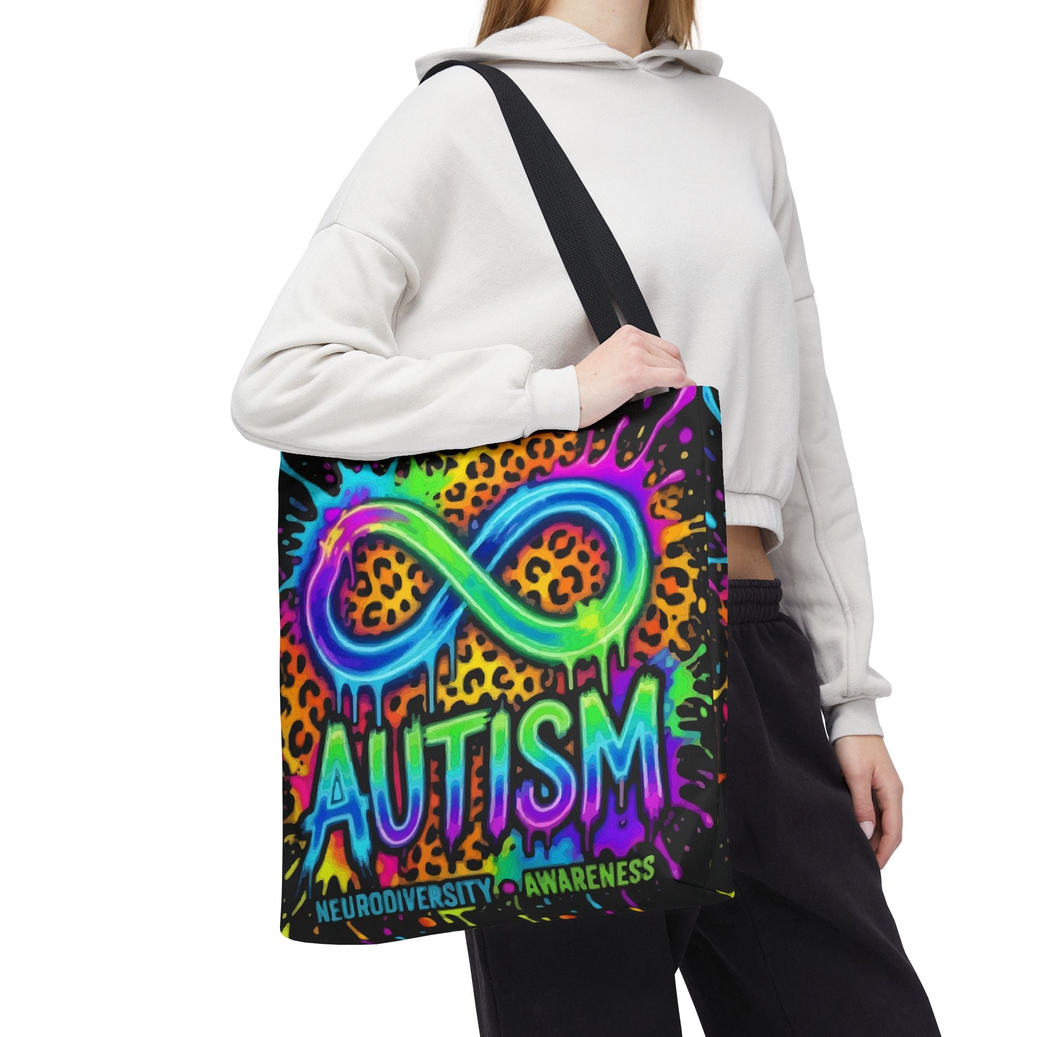 Autism Infinity Symbol Rainbow Leopard Tote Bag — Colorful Neurodiversity Support Tote
