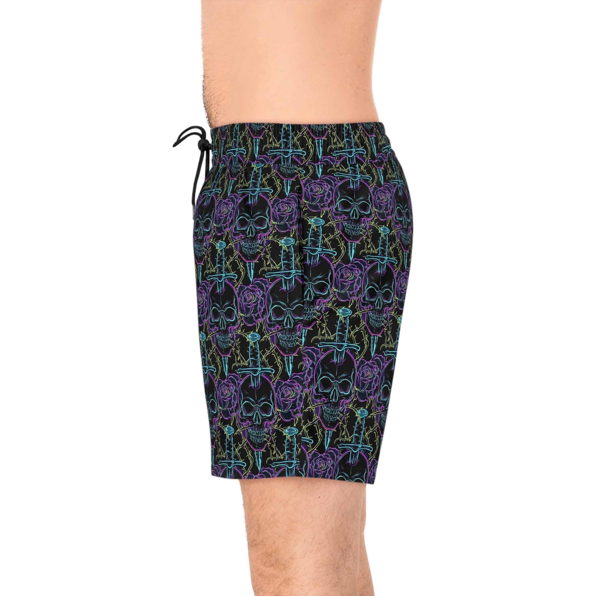 Neon Skull & Dagger Swim Shorts — Gothic Rose Men's Mid-Length Trunks