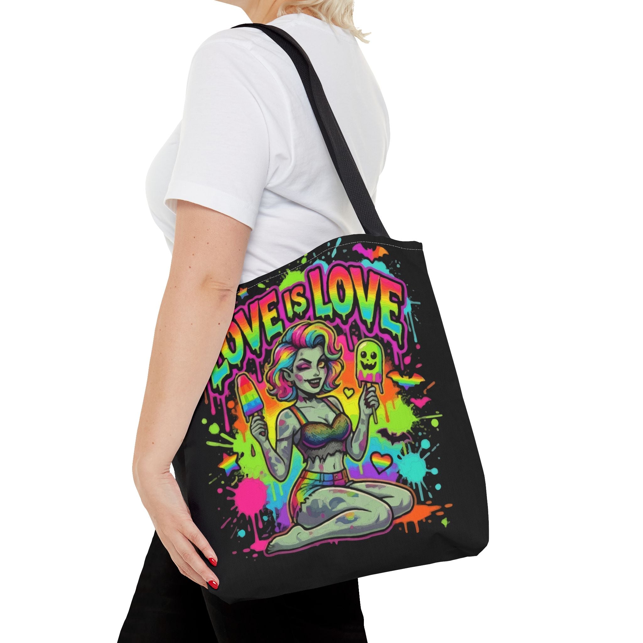 Love Is Love Neon Pride Tote Bag — Colorful Retro Pin-Up LGBTQ+ Canvas Tote