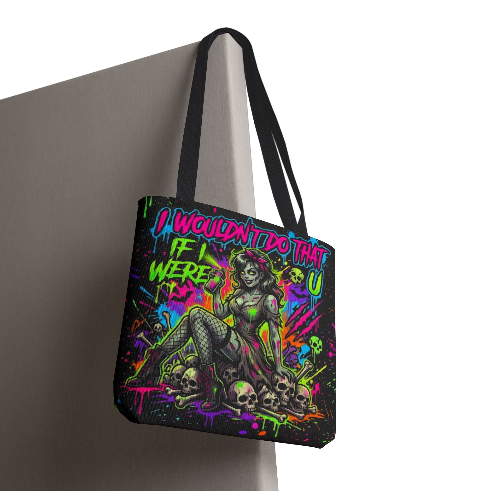 Zombie Pin-Up Tote Bag — "I Wouldn't Do That If I Were U" Neon Horror Graphic