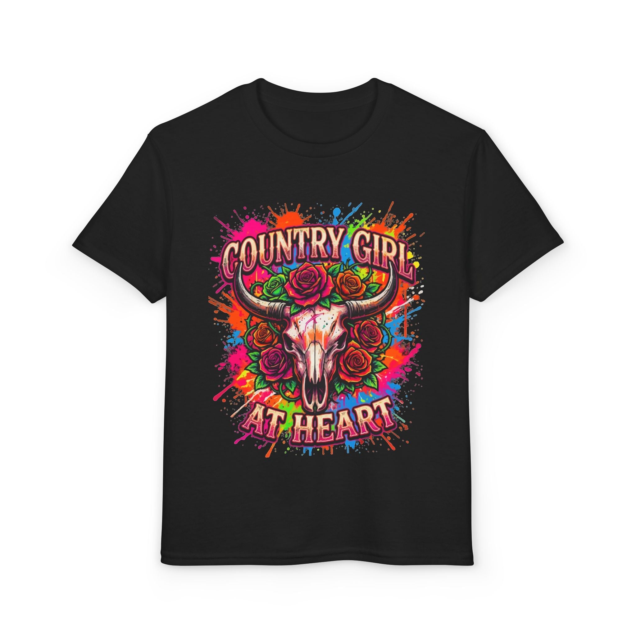Country Girl At Heart Youth T-Shirt — Colorful Skull & Roses Graphic