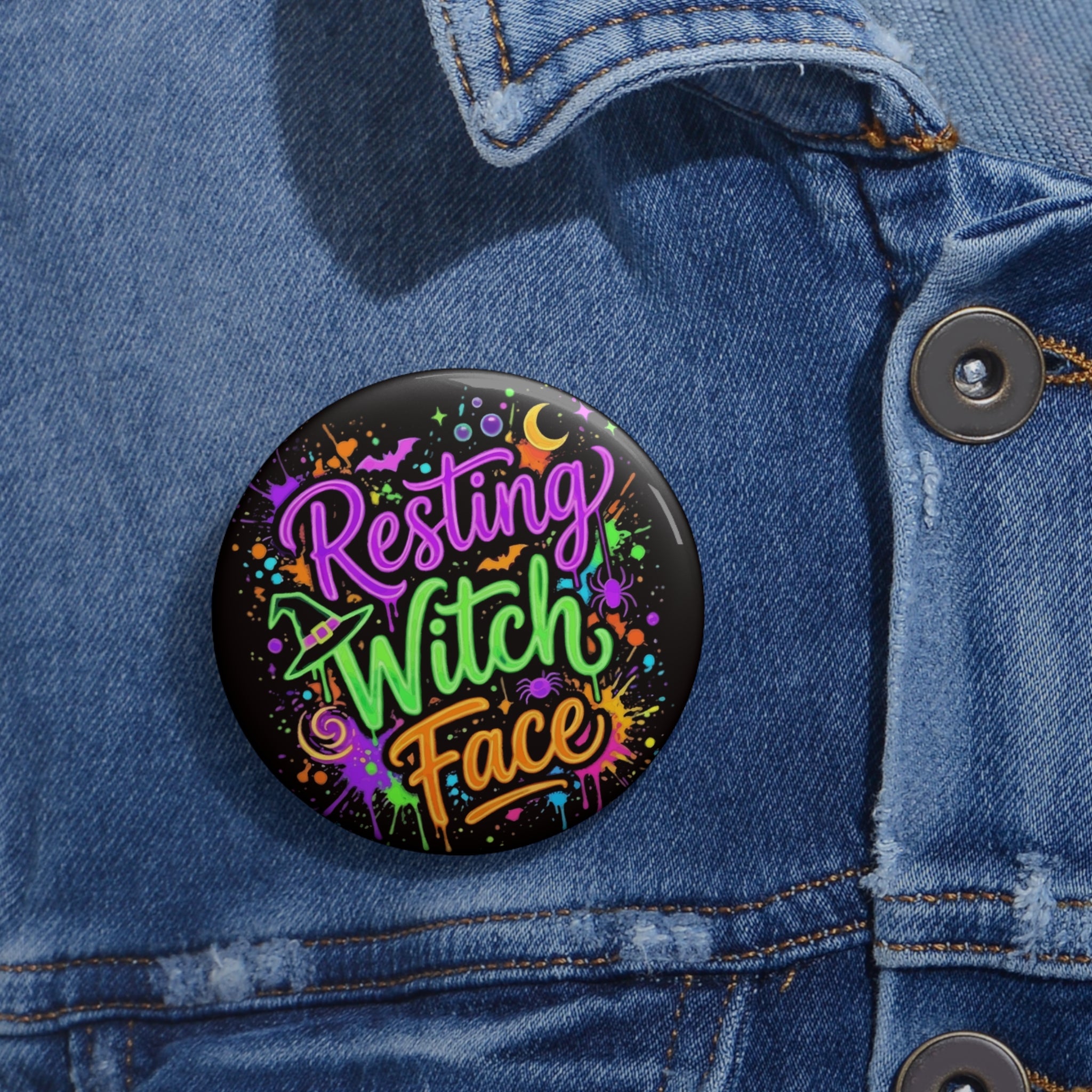 Resting Witch Face Pin Button — Colorful Halloween Witchy Badge