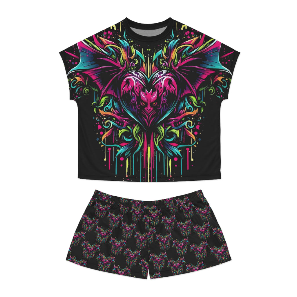Women's Neon Bat Heart Pajama Set — Gothic Floral Sleep Shorts & Top