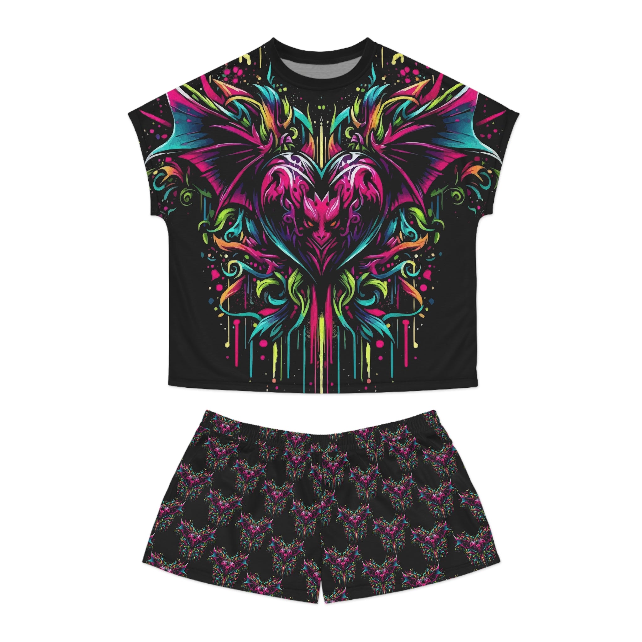 Women's Neon Bat Heart Pajama Set — Gothic Floral Sleep Shorts & Top