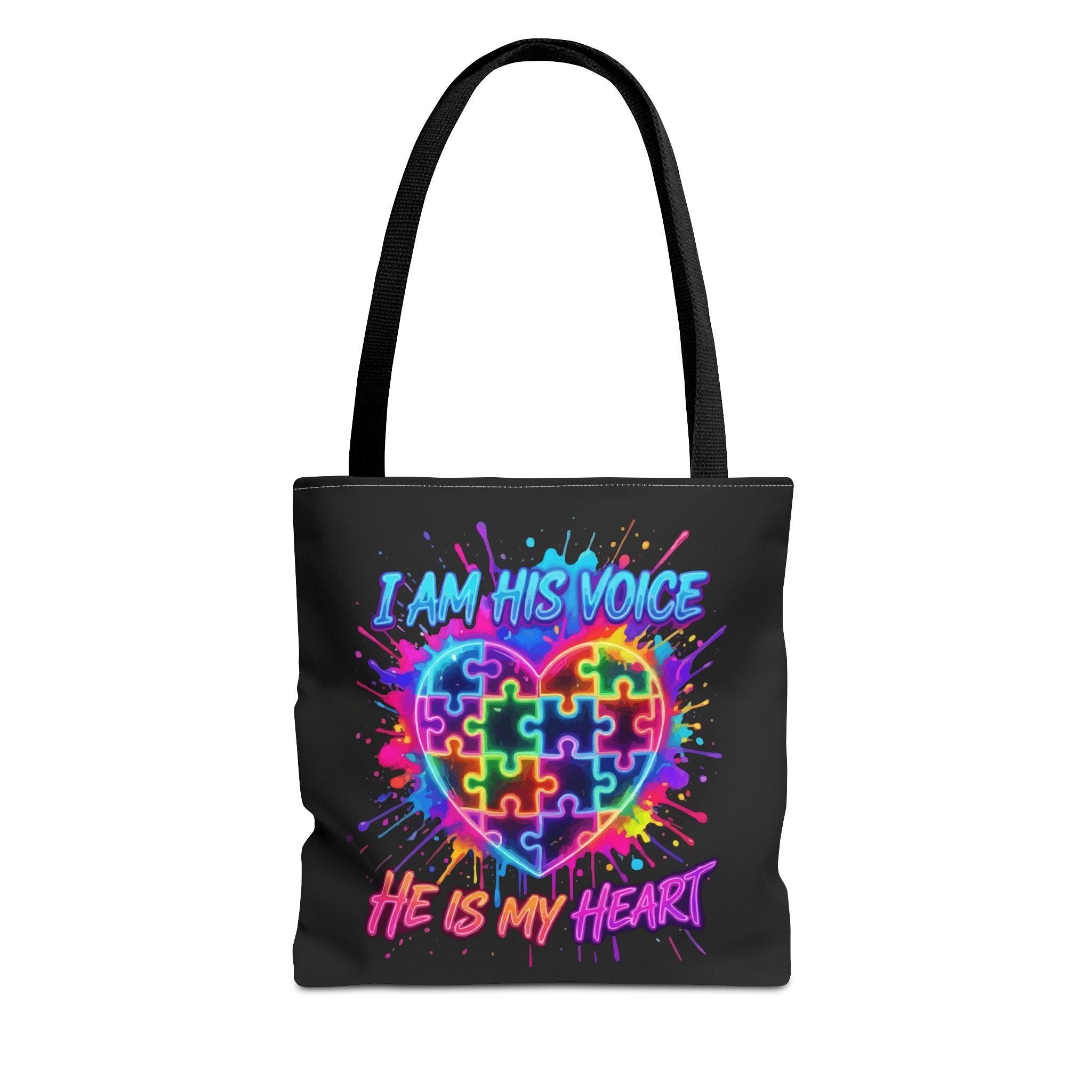 Autism Awareness Tote Bag — "I Am His Voice, He Is My Heart" Colorful Puzzle Heart