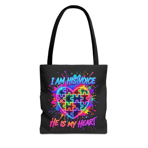 Autism Awareness Tote Bag — "I Am His Voice, He Is My Heart" Colorful Puzzle Heart