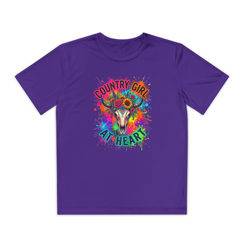 Country Girl at Heart Youth Tee — Colorful Floral Bull Skull Graphic