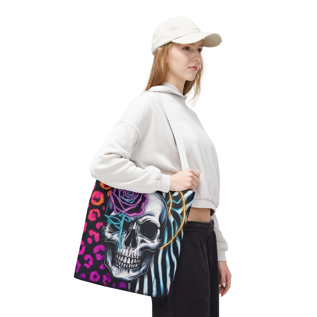 Skull & Rose Pattern Tote Bag — Neon Animal Print All-Over Tote