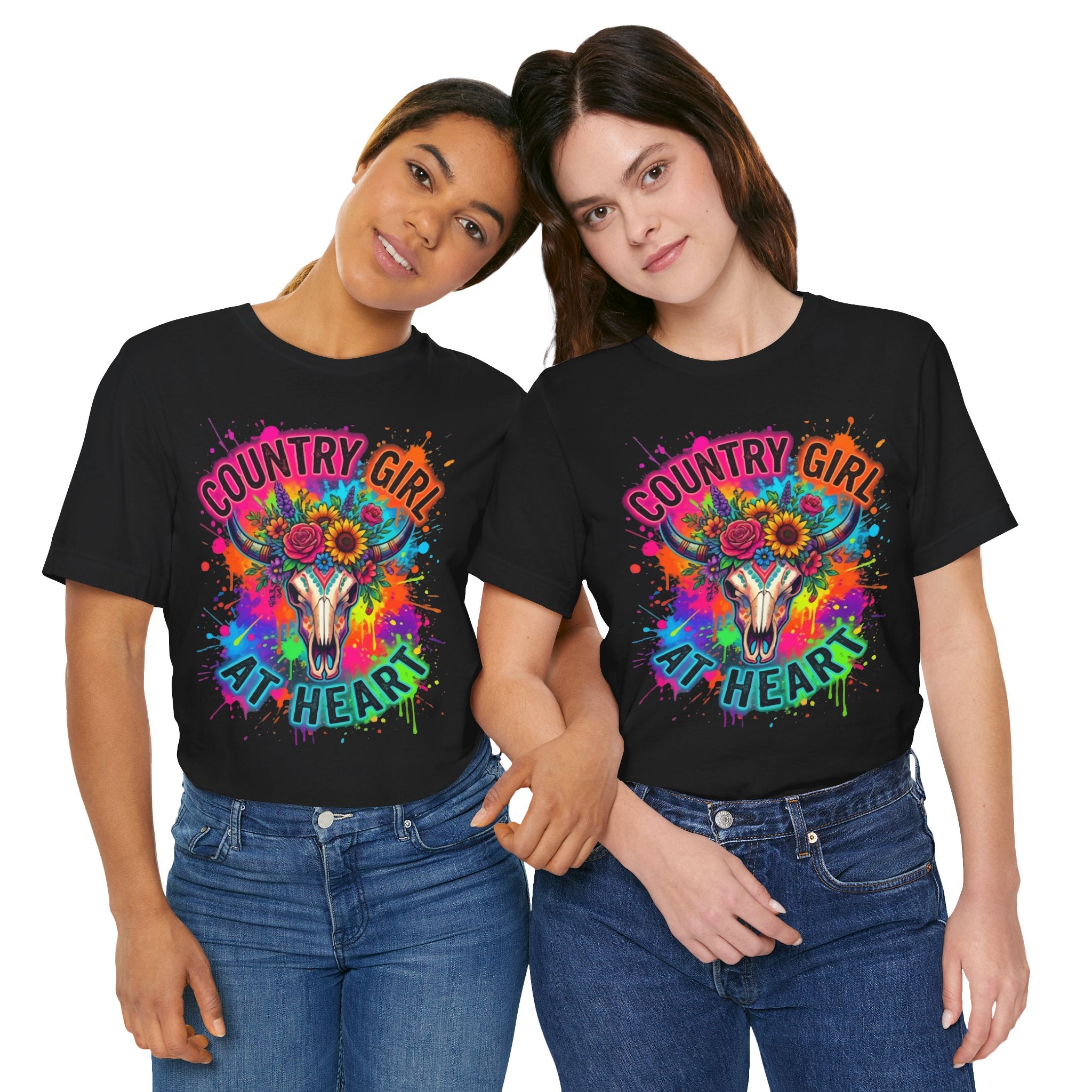 Country Girl At Heart Graphic Tee — Floral Cow Skull Colorful Western T-Shirt