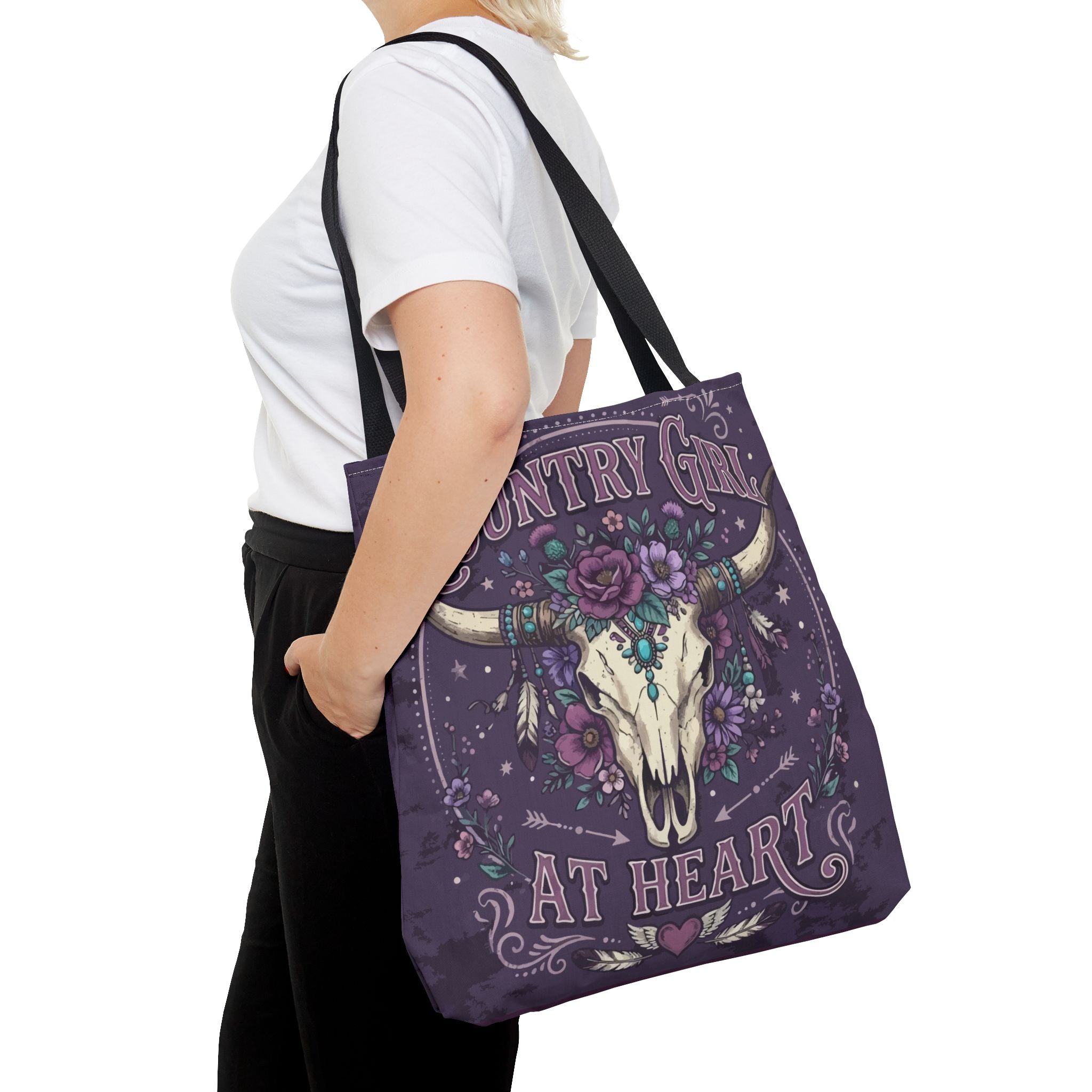 Country Girl at Heart Tote Bag — Floral Bull Skull All-Over Print