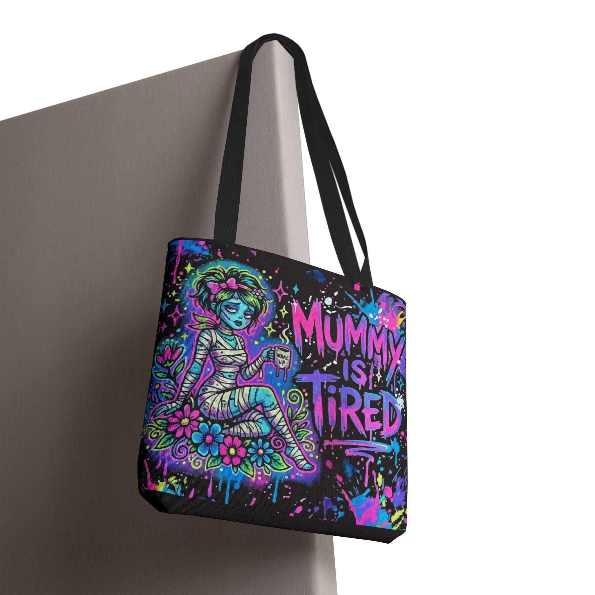 Mummy Is Tired Tote Bag — Neon Halloween Mom Canvas Shopper