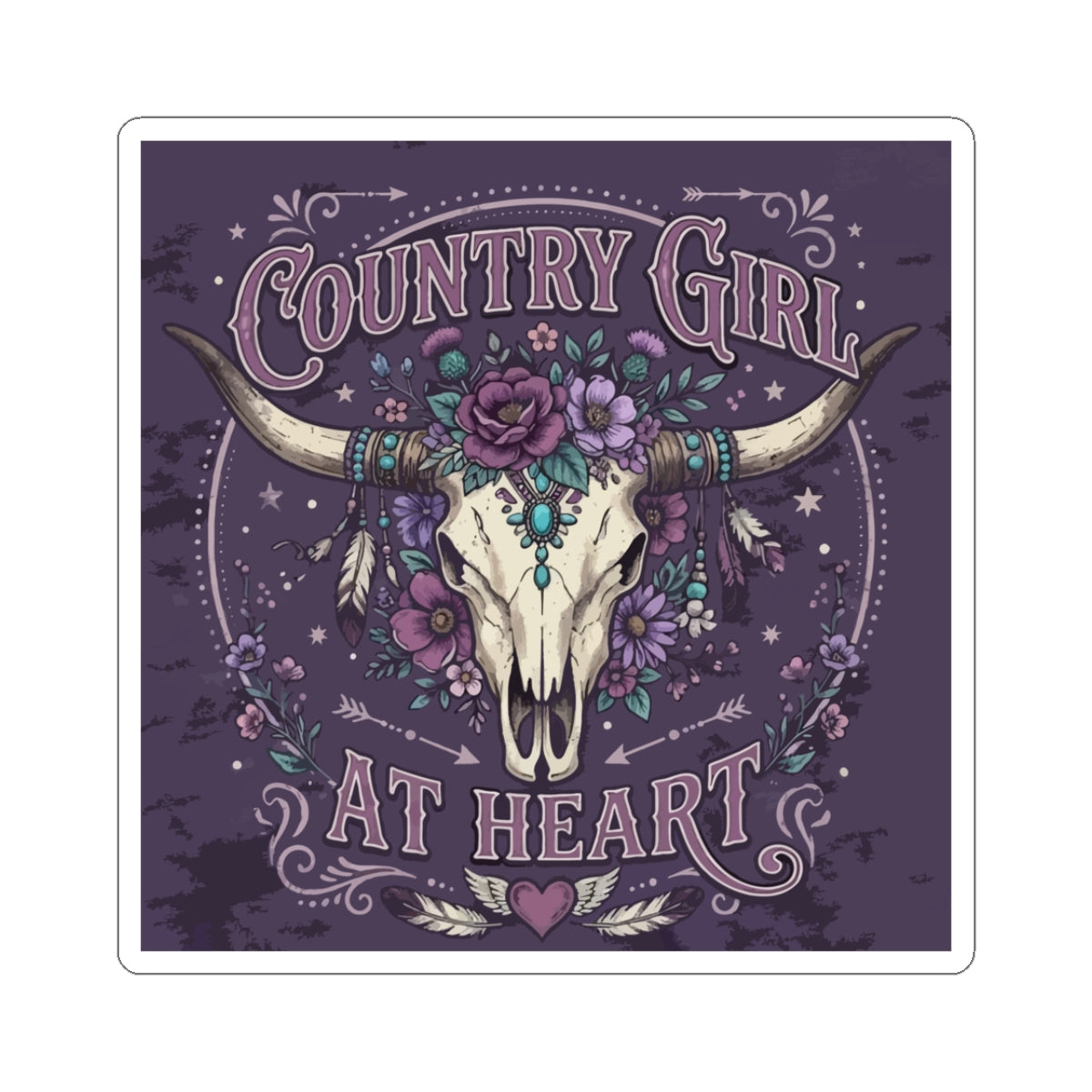 Country Girl At Heart Sticker — Floral Bull Skull Kiss-Cut Sticker