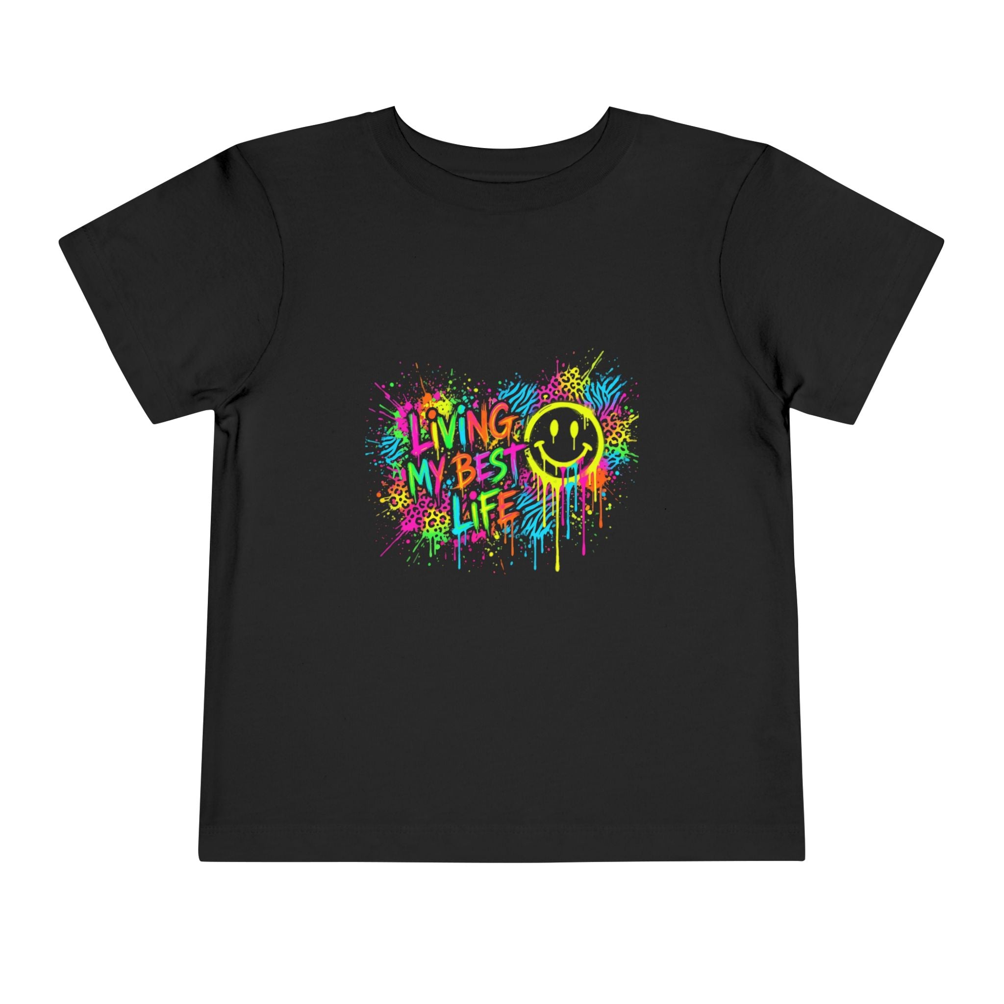 Living My Best Life Toddler Tee — Neon Paint Smiley Kids Shirt