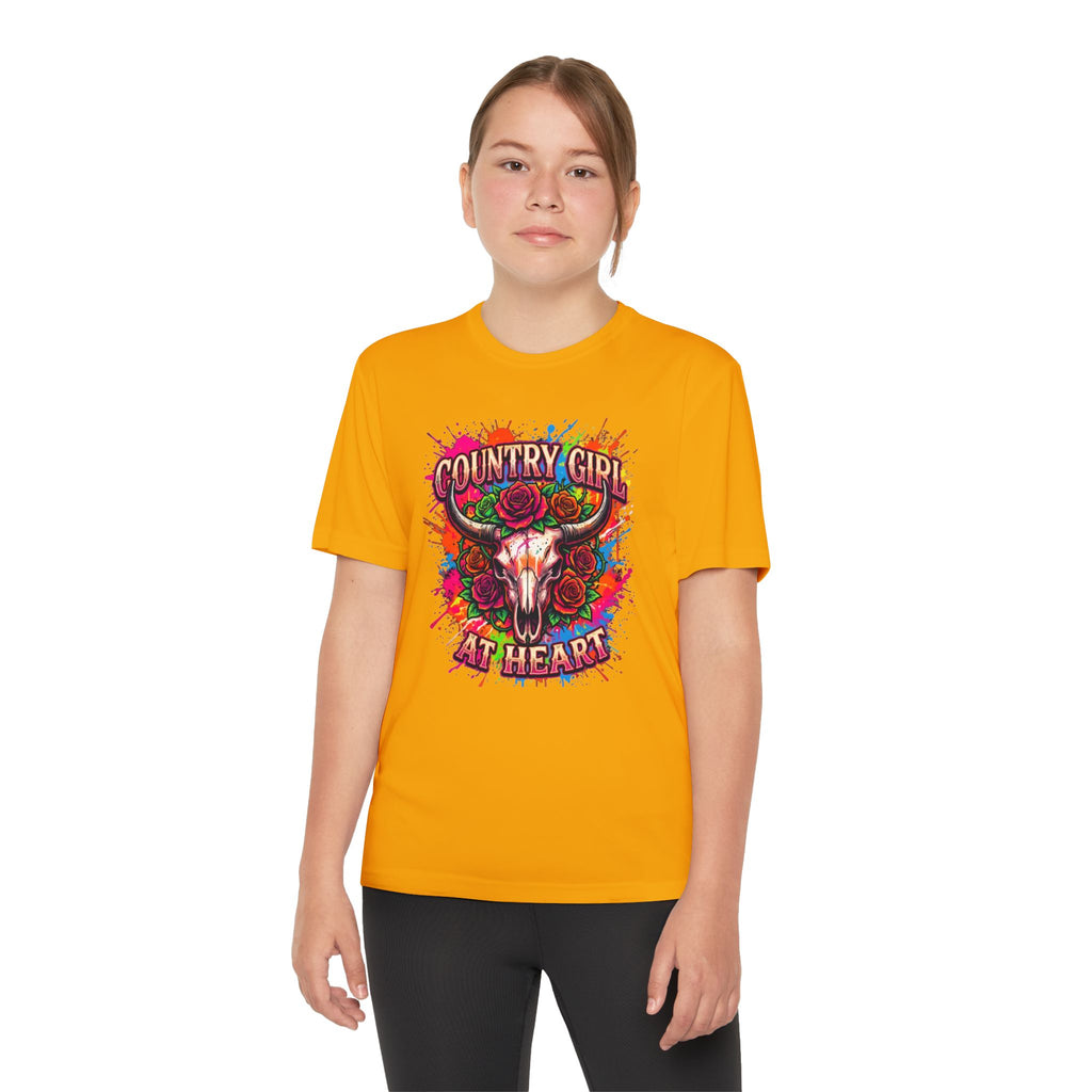 Youth T-Shirt — "Country Girl at Heart" Floral Bull Skull Graphic