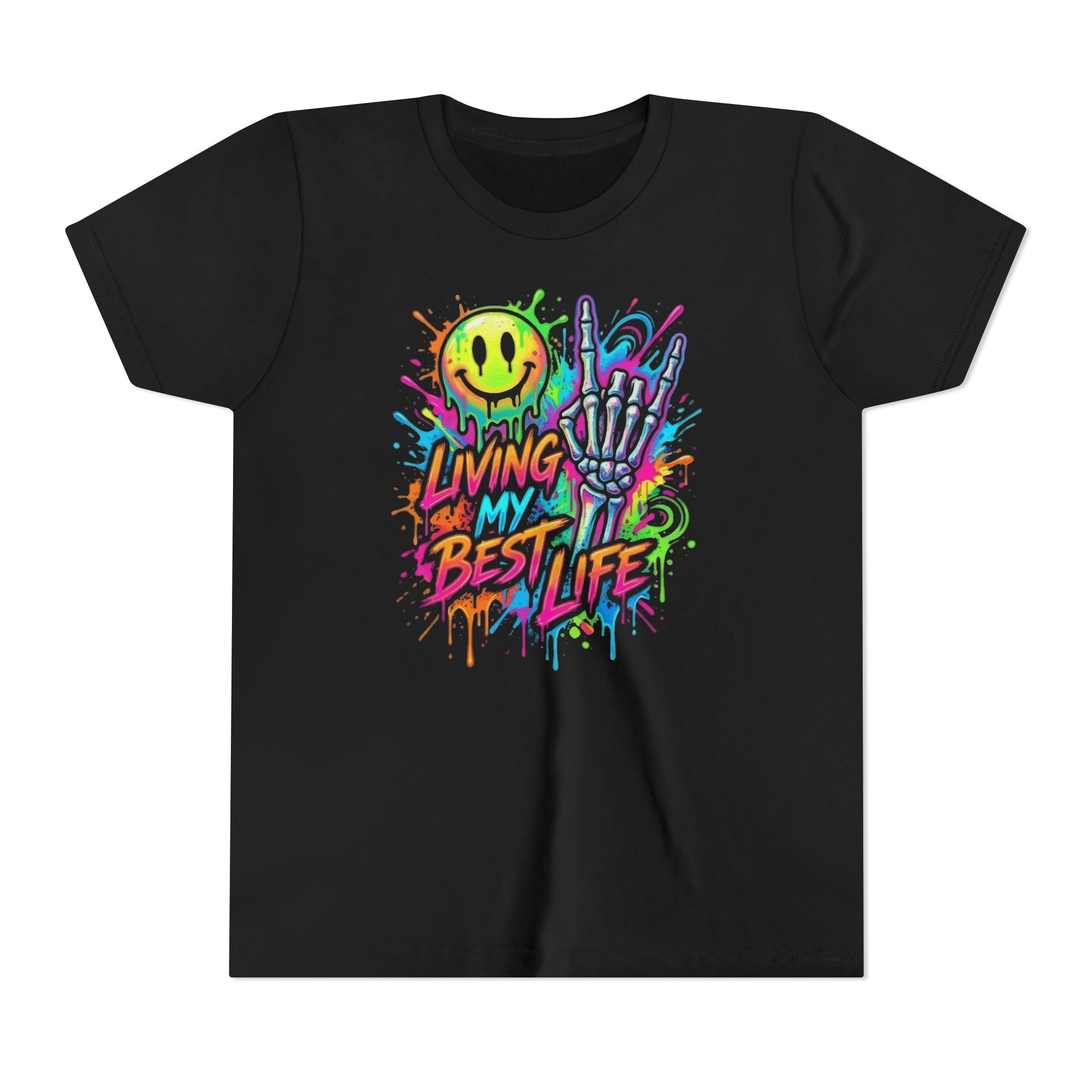 Youth Tee — 'Living My Best Life' Neon Skull Graphic