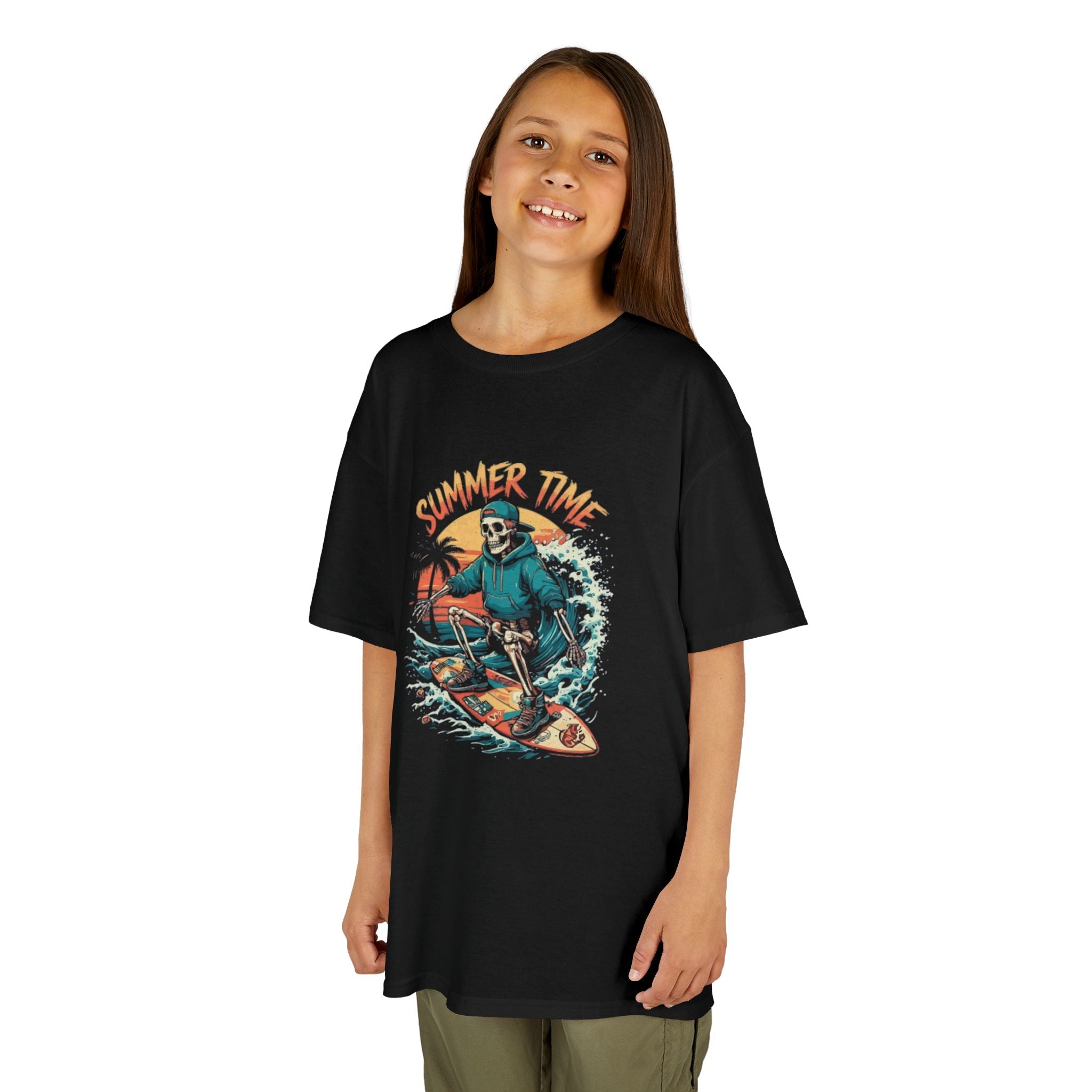 Kids Tee – “Summer Time” Surfing Skeleton Graphic Tee – Cool Beach Vibes for Kids