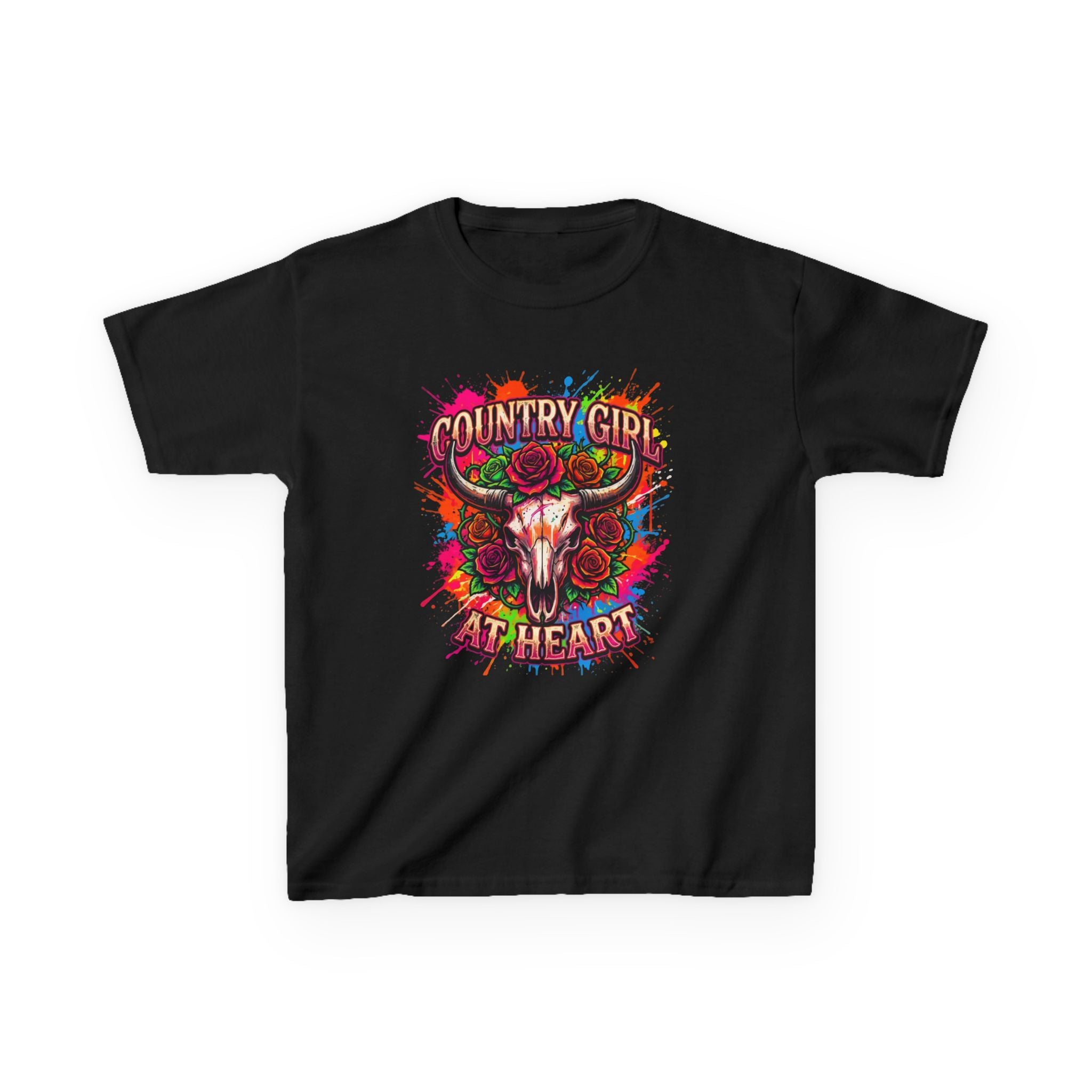 Kids T-Shirt — "Country Girl at Heart" Colorful Cow Skull Tee