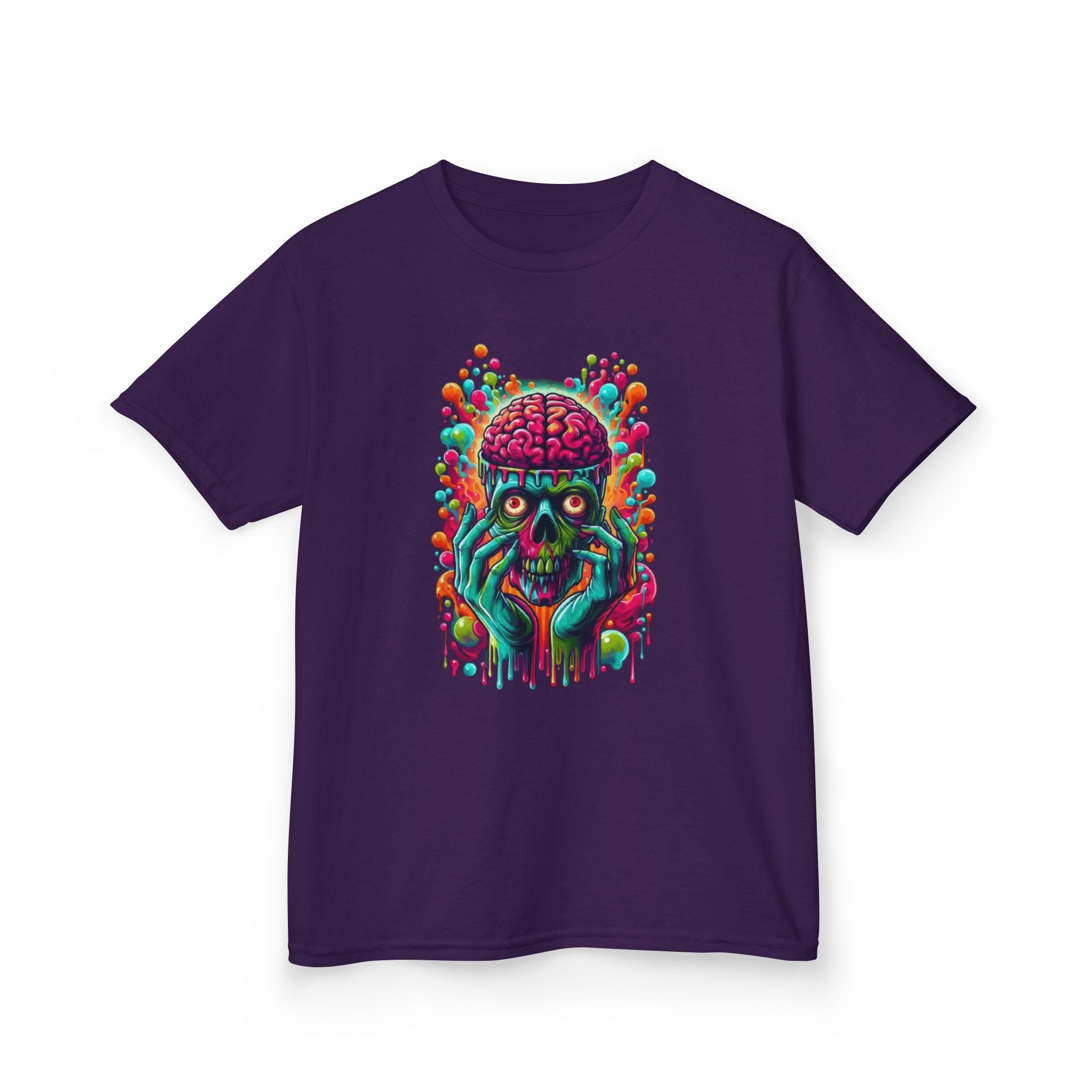 Kids Tee — Neon Brain Monster Graphic T-Shirt (Glow Horror Skate Punk)