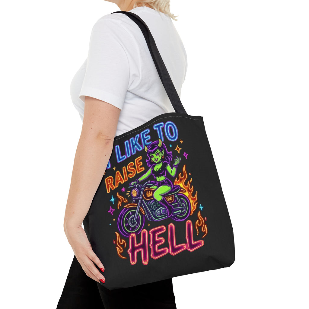 I Like to Raise Hell Motorcycle Tote Bag — Neon Biker Cat Graphic