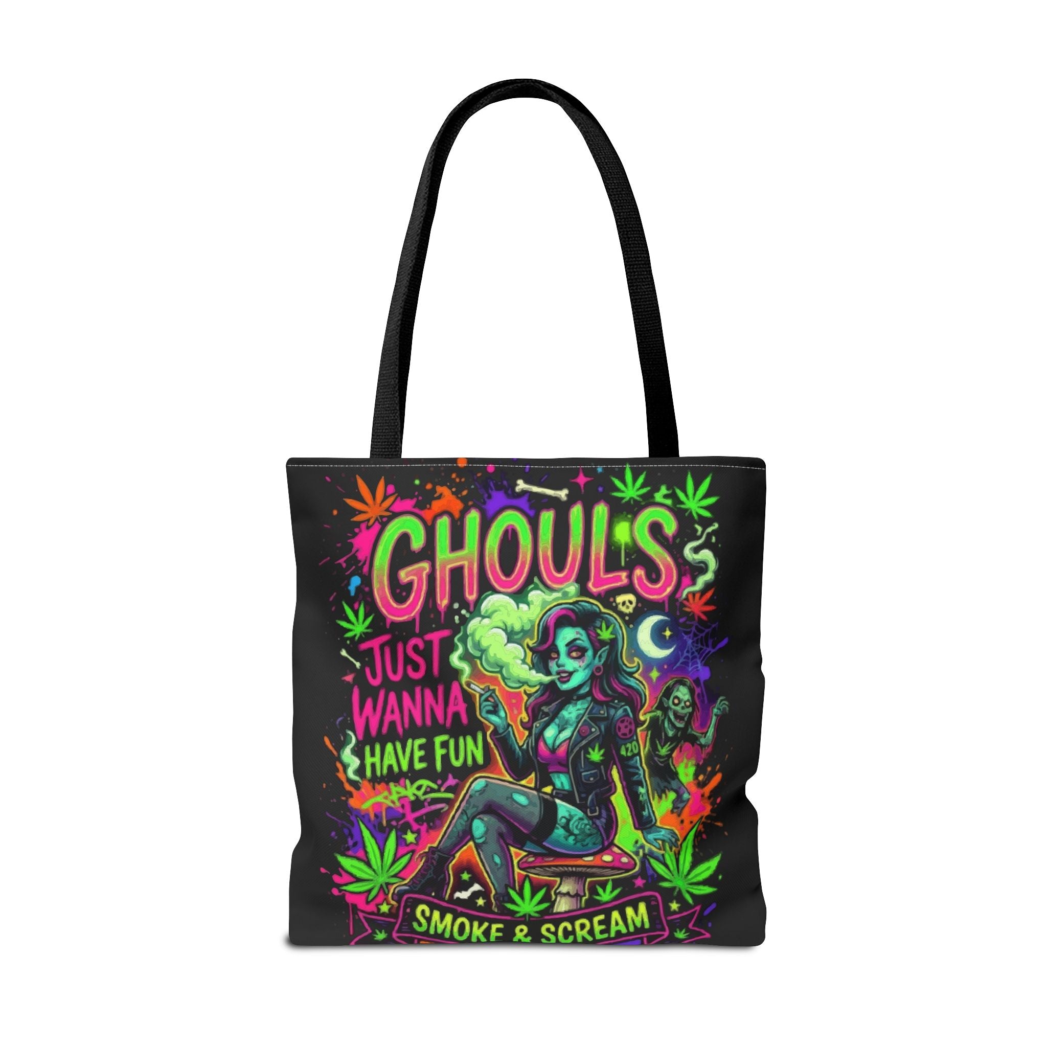 Ghoul's Just Wanna Have Fun Neon Halloween Tote Bag – Spooky Retro Cannabis Art