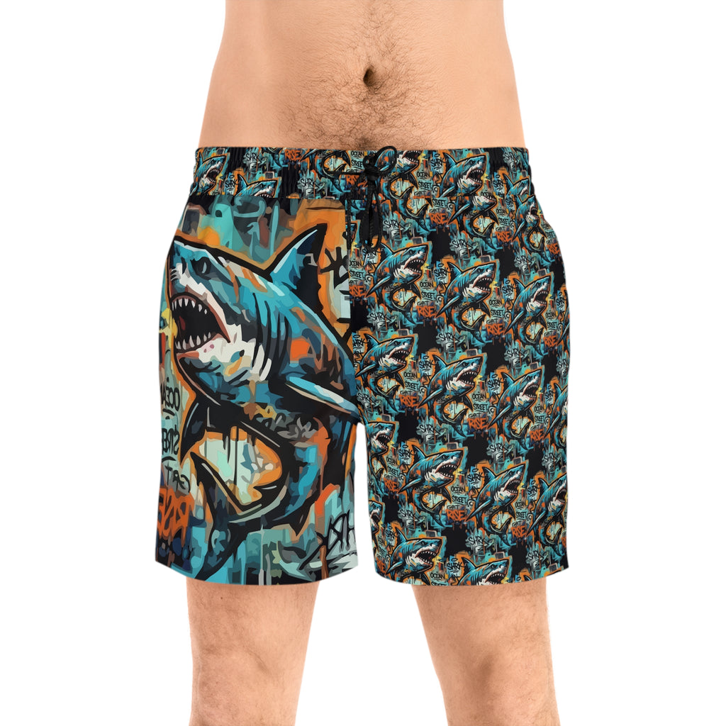 Graffiti Shark Swim Shorts — Men's Mid-Length Beach Trunks