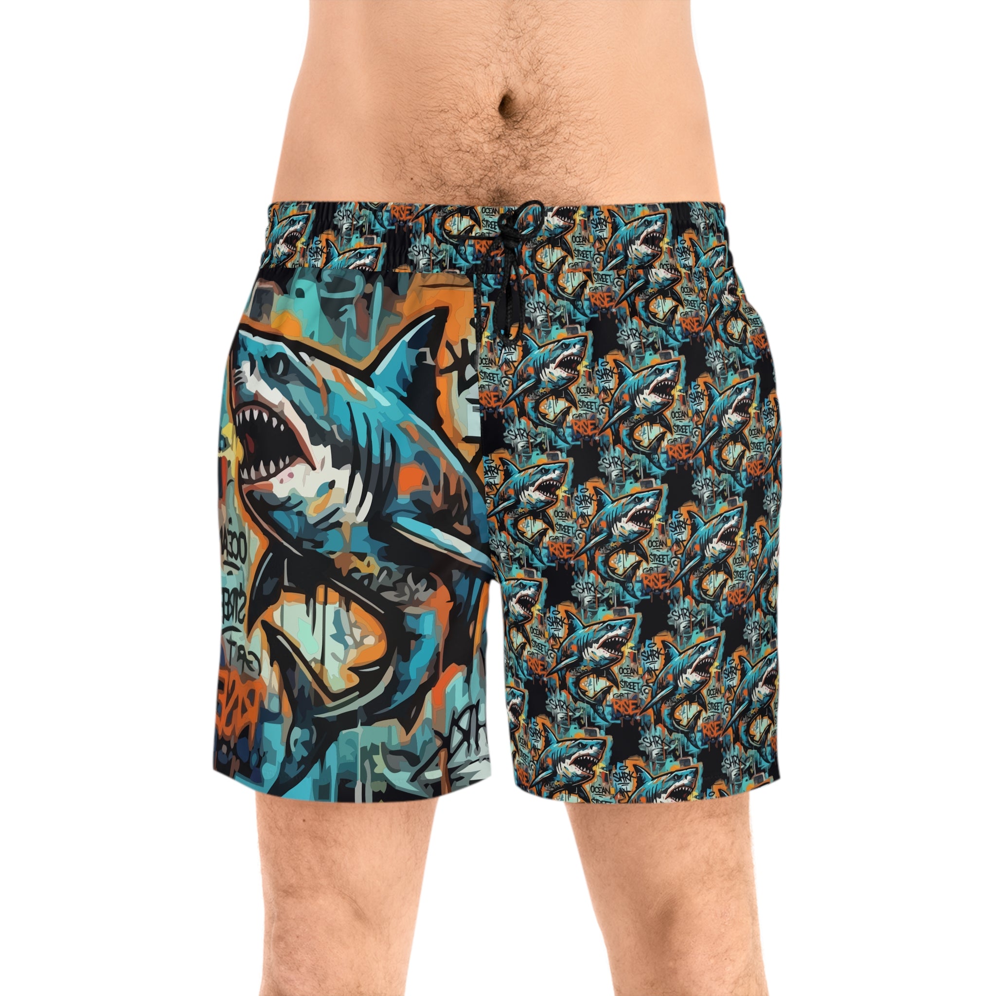 Graffiti Shark Swim Shorts — Men's Mid-Length Beach Trunks