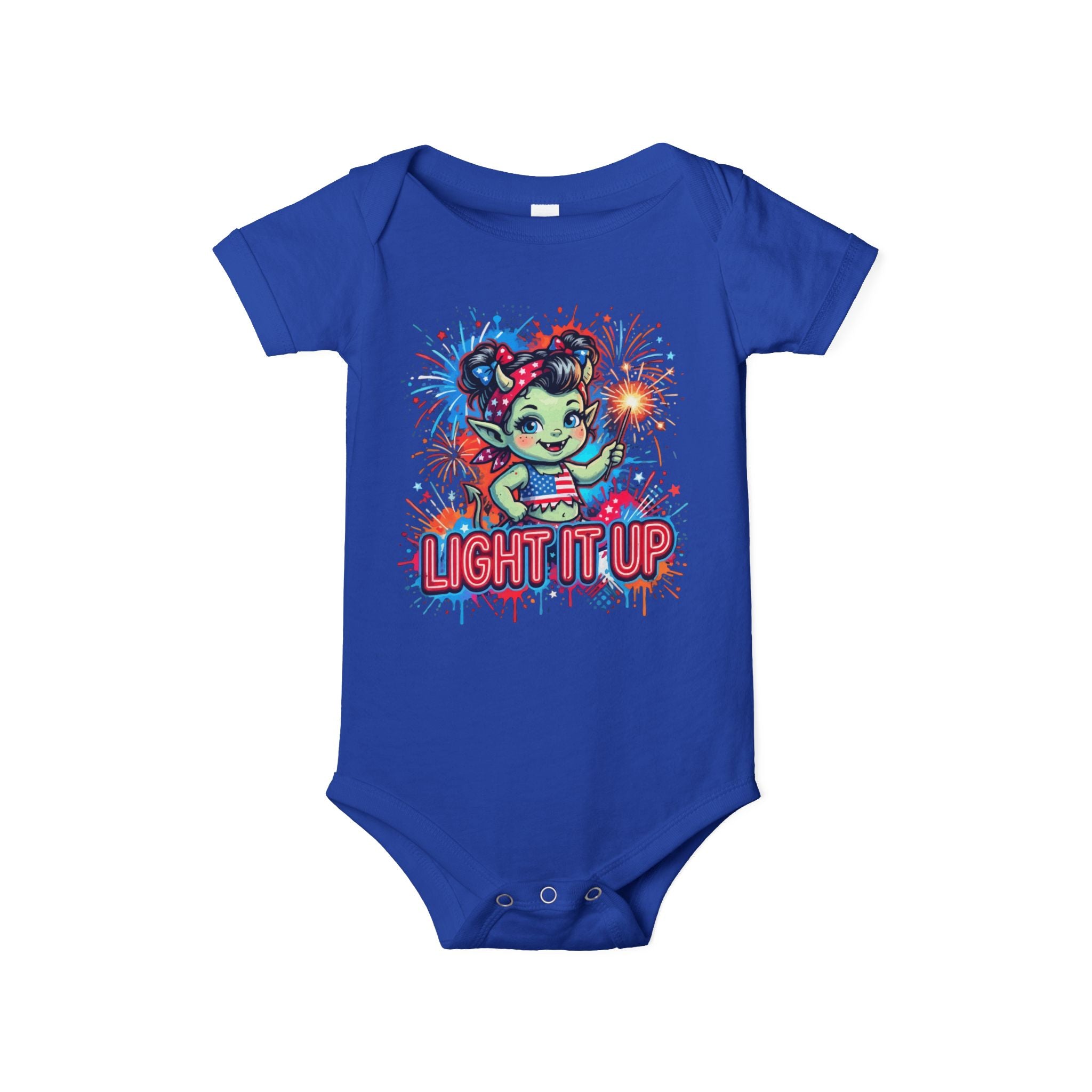 Baby Onesie "Light It Up" Patriotic Firework Elf Graphic Infant Bodysuit