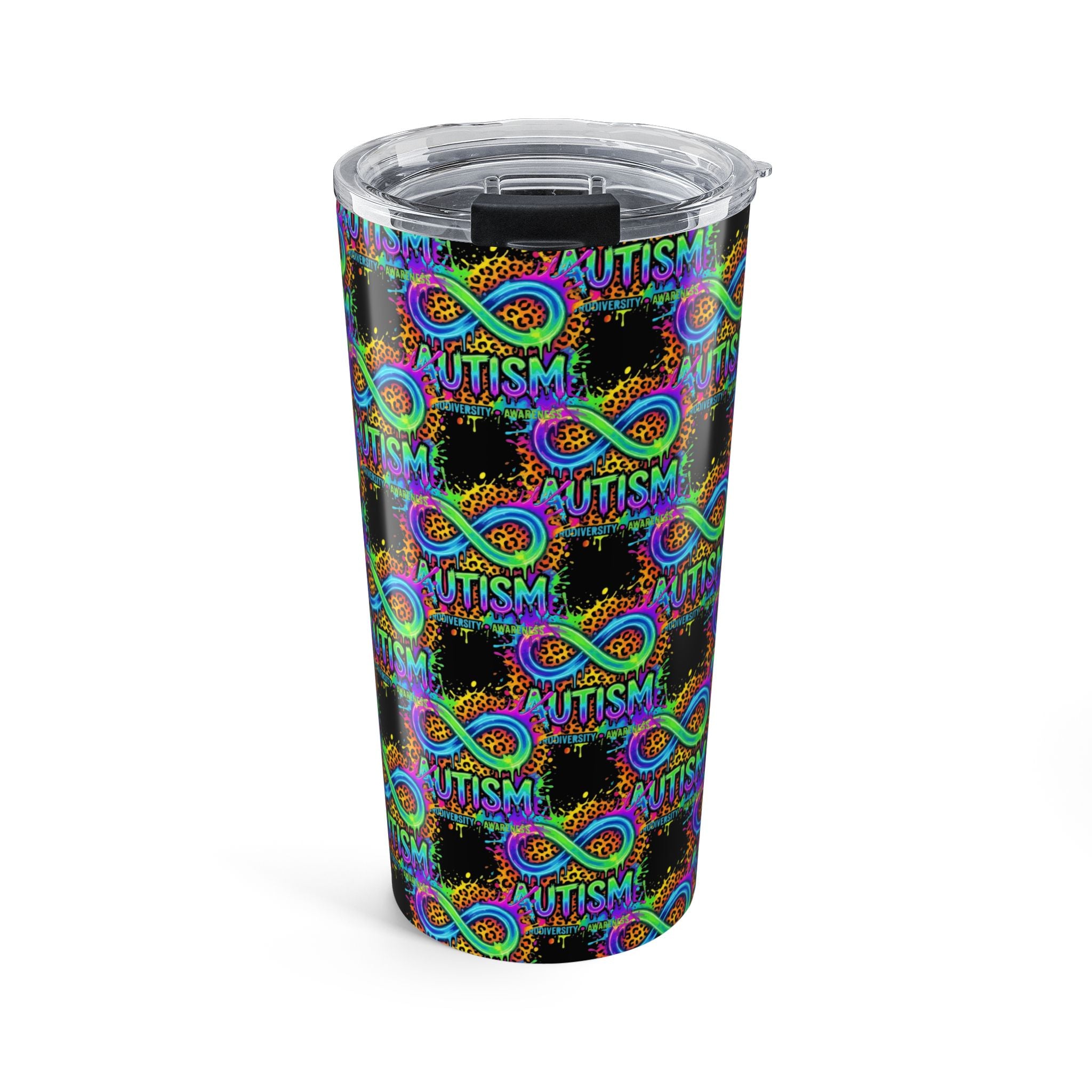 Autism Awareness Infinity 20oz Tumbler — Colorful Puzzle Ribbon Travel Cup