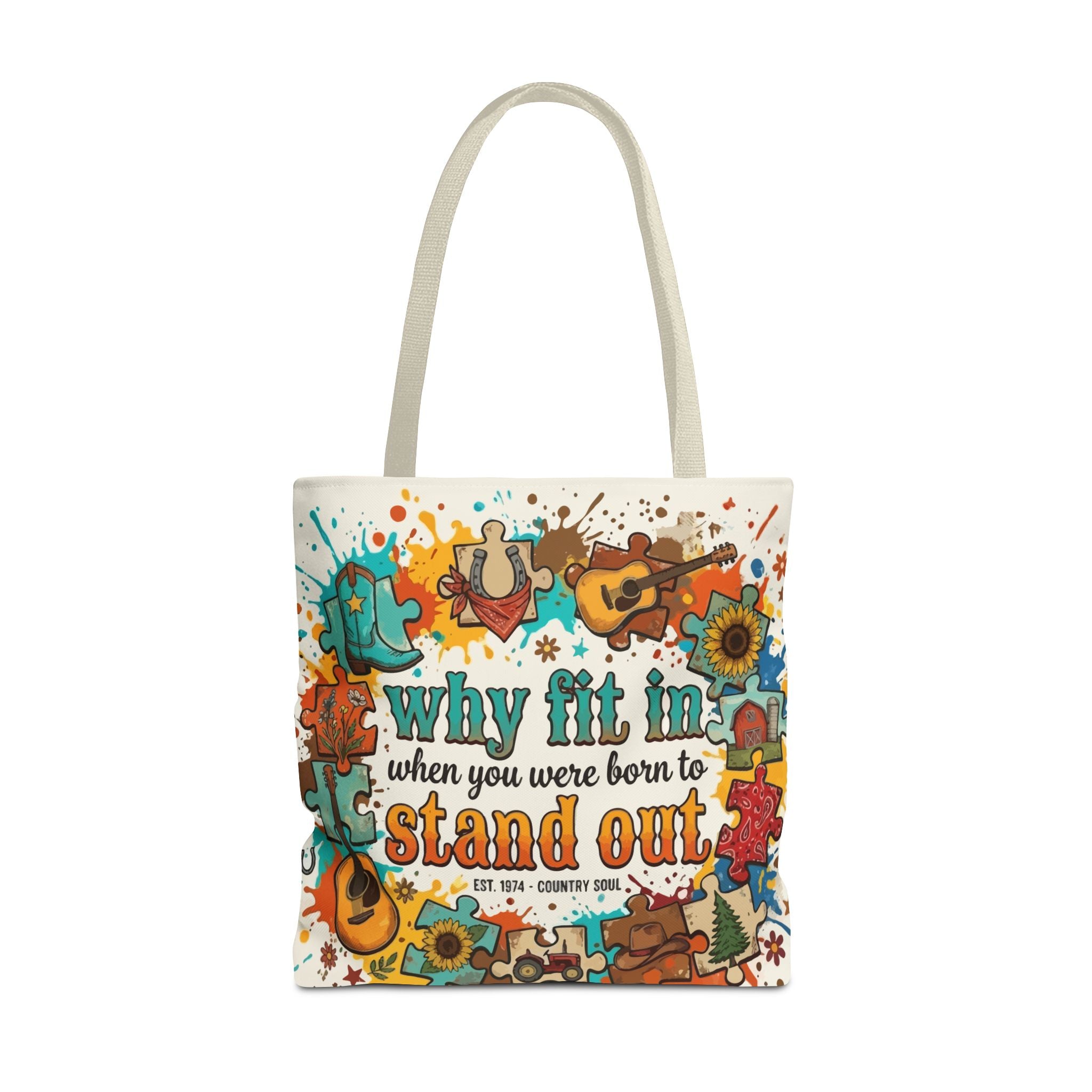 Stand Out Tote Bag — "Why Fit In When You Were Born to Stand Out" Colorful Boho Guitar Design