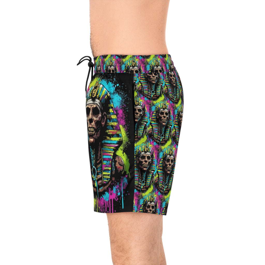 Neon Pharaoh Skull Swim Shorts - Men’s Mid-Length Beach Trunks