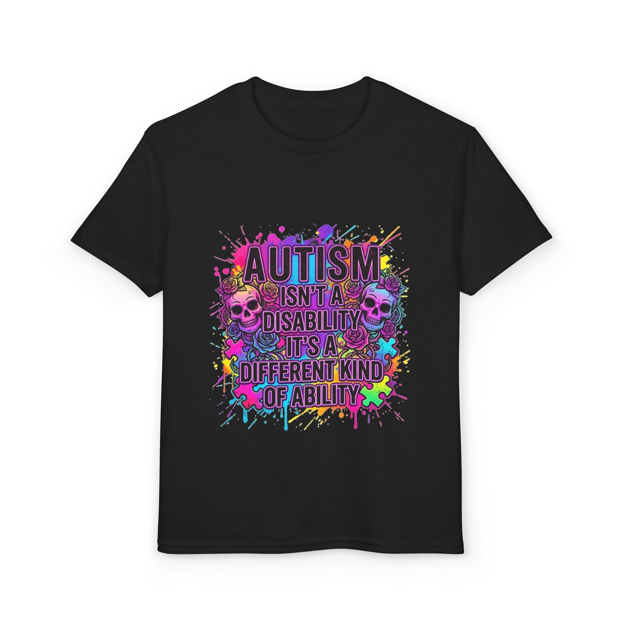 Youth T-Shirt — "Autism Isn't a Disability It's a Different Kind of Ability" Colorful Skull Splash