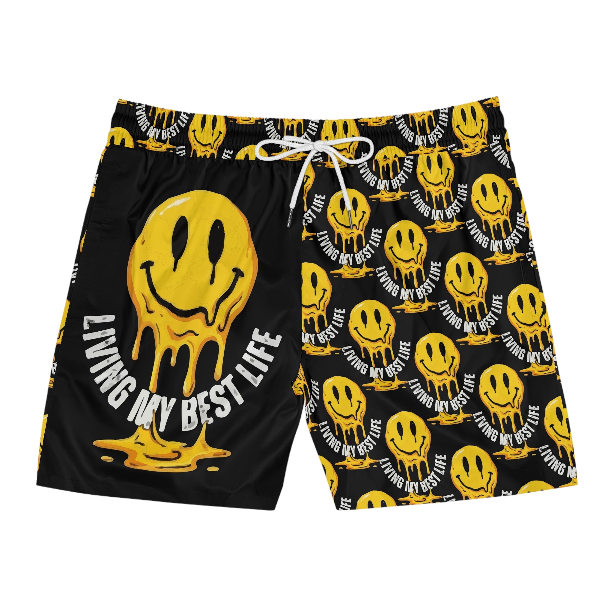 Men's Swim Shorts — Yellow Melting Smiley "Living My Best Life" All-Over Print