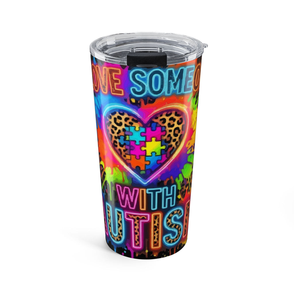 20oz Autism Awareness Tumbler — Love Someone With Autism Colorful Puzzle Heart Travel Mug