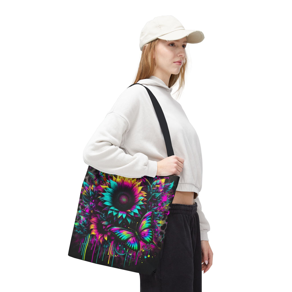 Sunflower & Butterfly Neon Tote Bag — Colorful Floral All-Over Print Tote