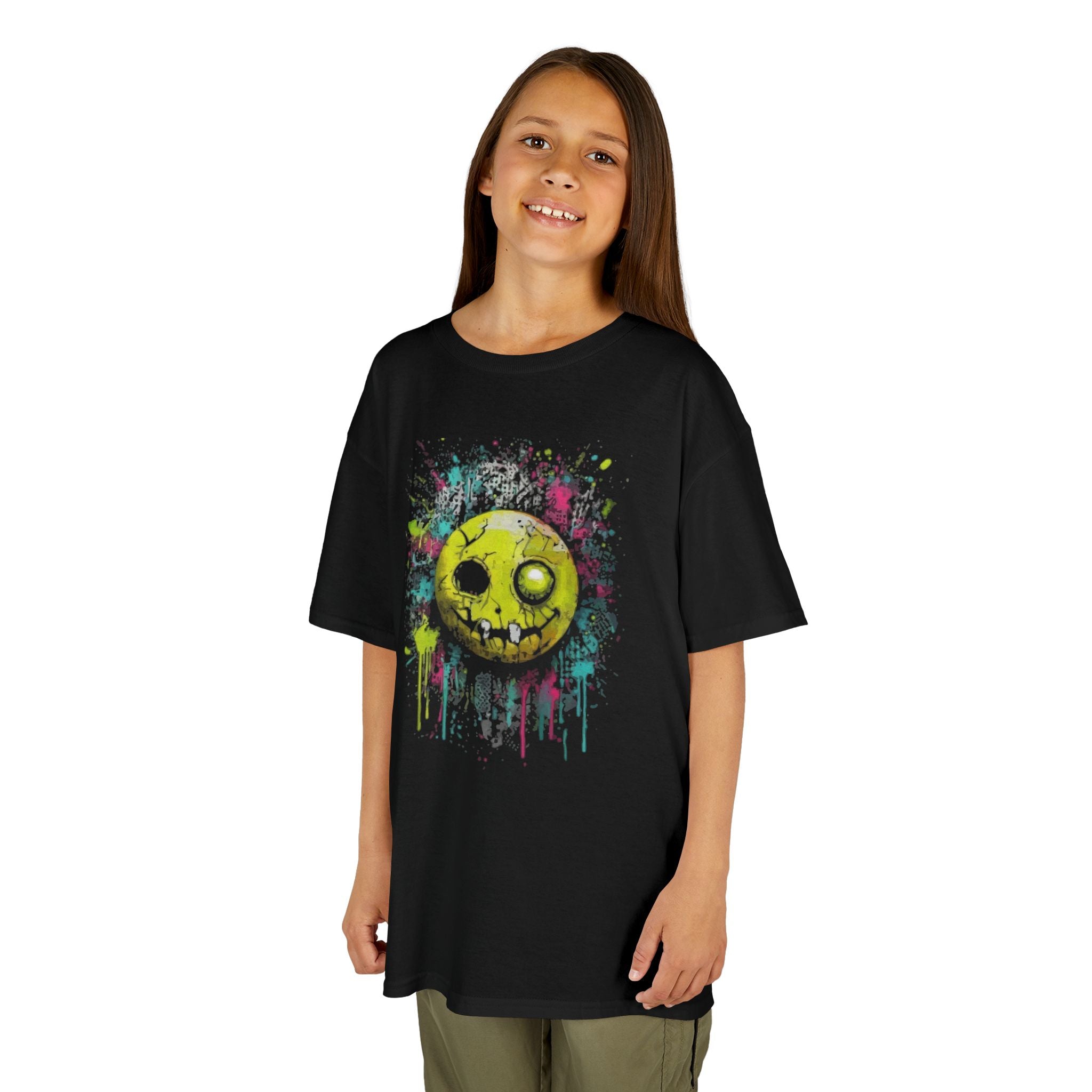 Kids T‑Shirt — Neon Grunge Smile Skull Graphic