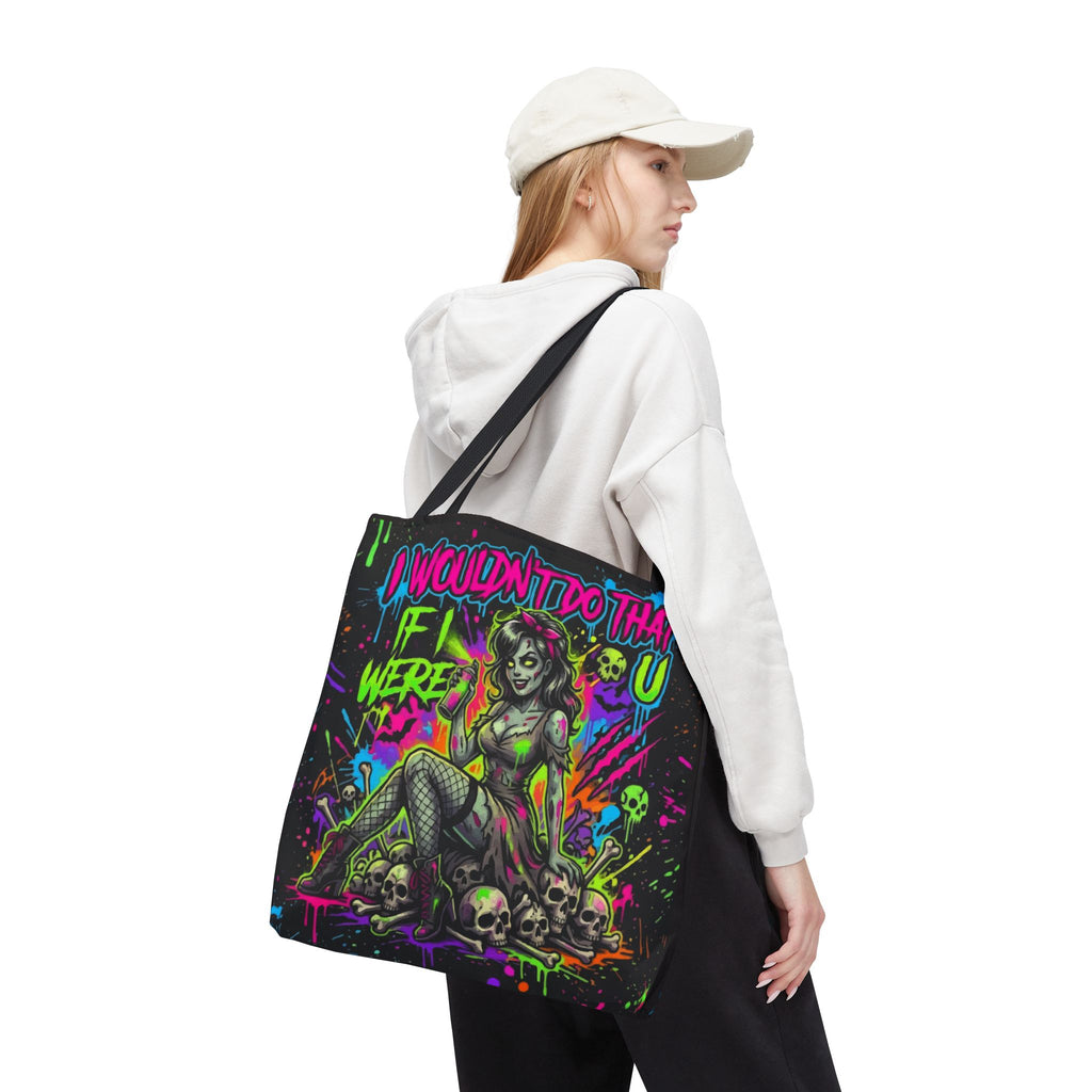 Zombie Pin-Up Tote Bag — "I Wouldn't Do That If I Were U" Neon Horror Graphic