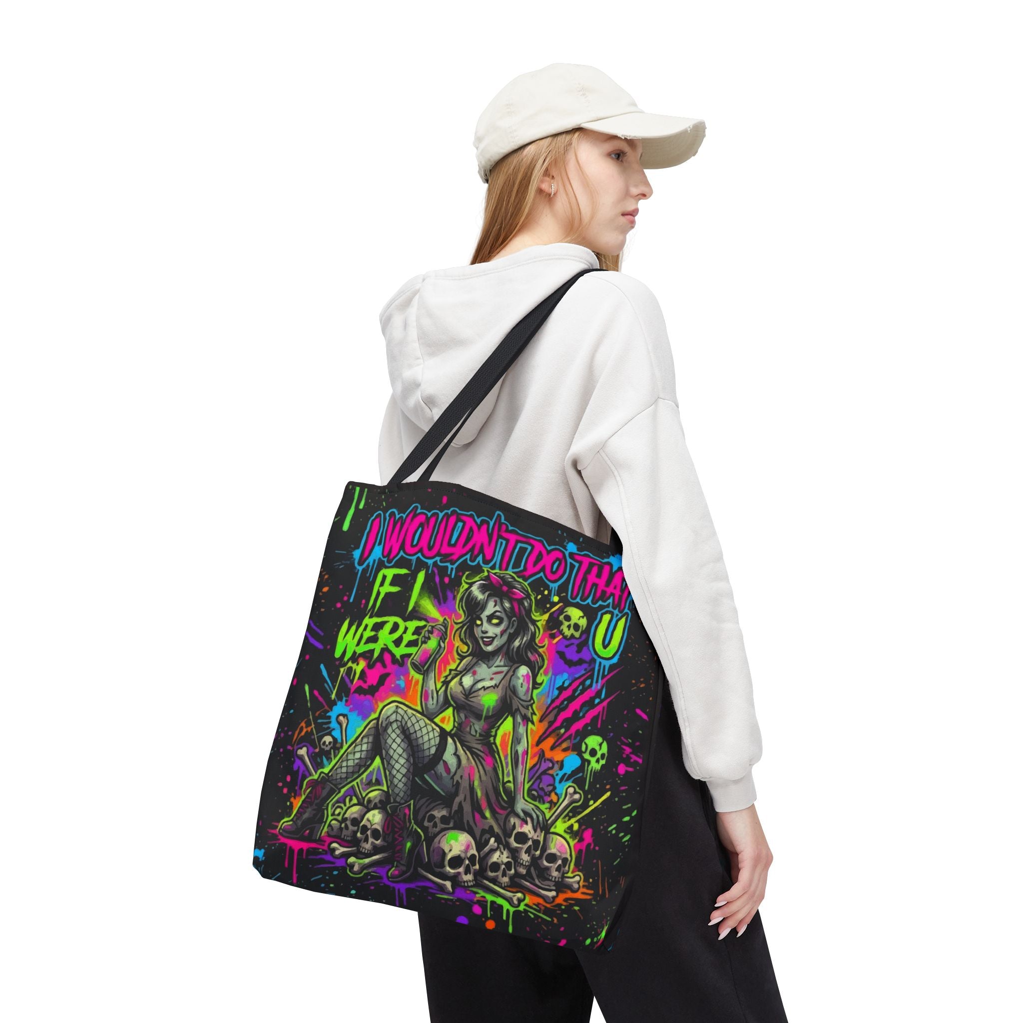 Zombie Pin-Up Tote Bag — "I Wouldn't Do That If I Were U" Neon Horror Graphic