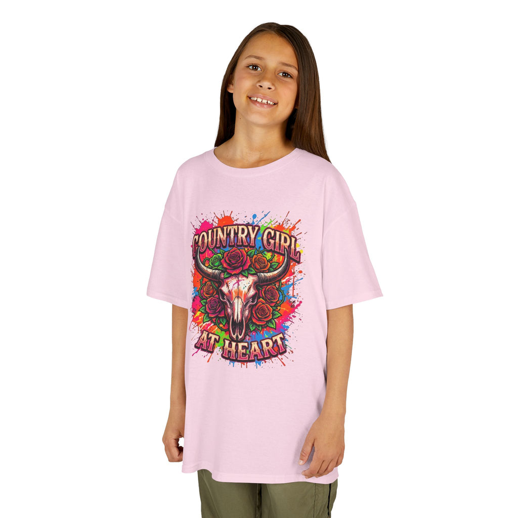 Kids T-Shirt — "Country Girl at Heart" Colorful Cow Skull Tee