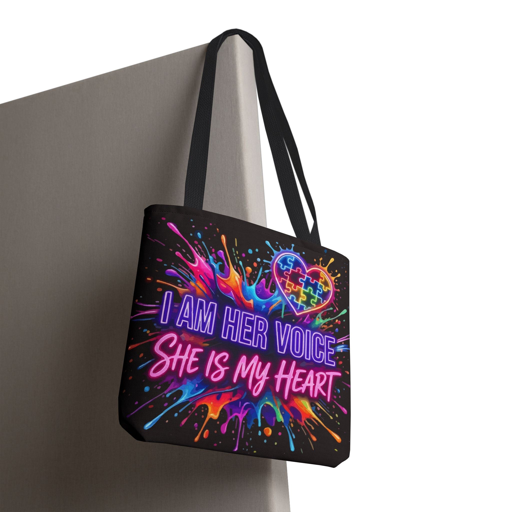 Autism Awareness Tote Bag - "I Am Her Voice, She Is My Heart" Colorful Puzzle Heart Carryall