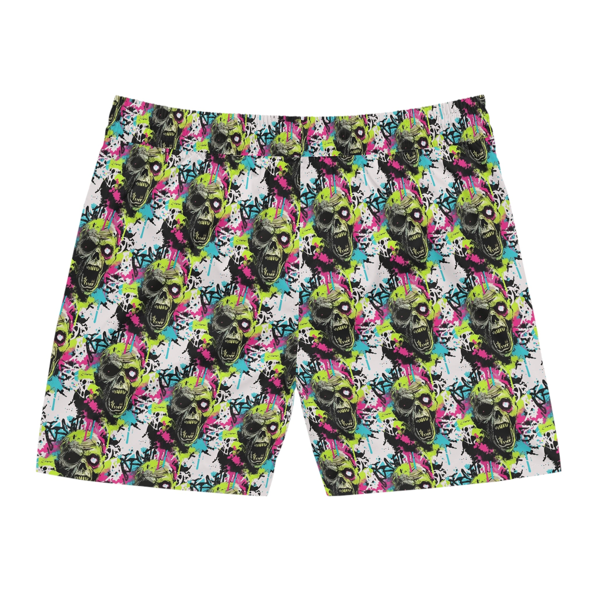 Neon Graffiti Zombie Swim Shorts — Men's Mid-Length Skull Beach Trunks