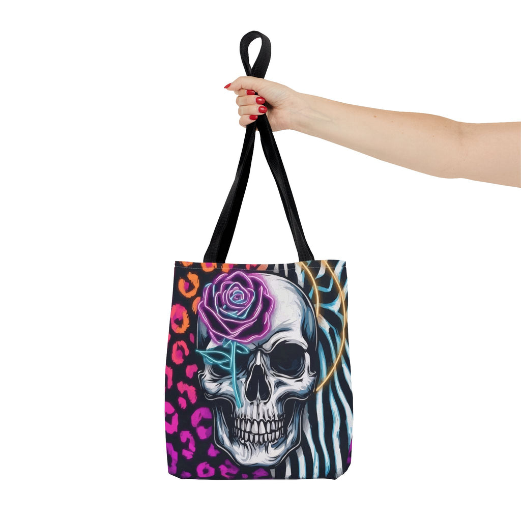 Skull & Rose Pattern Tote Bag — Neon Animal Print All-Over Tote
