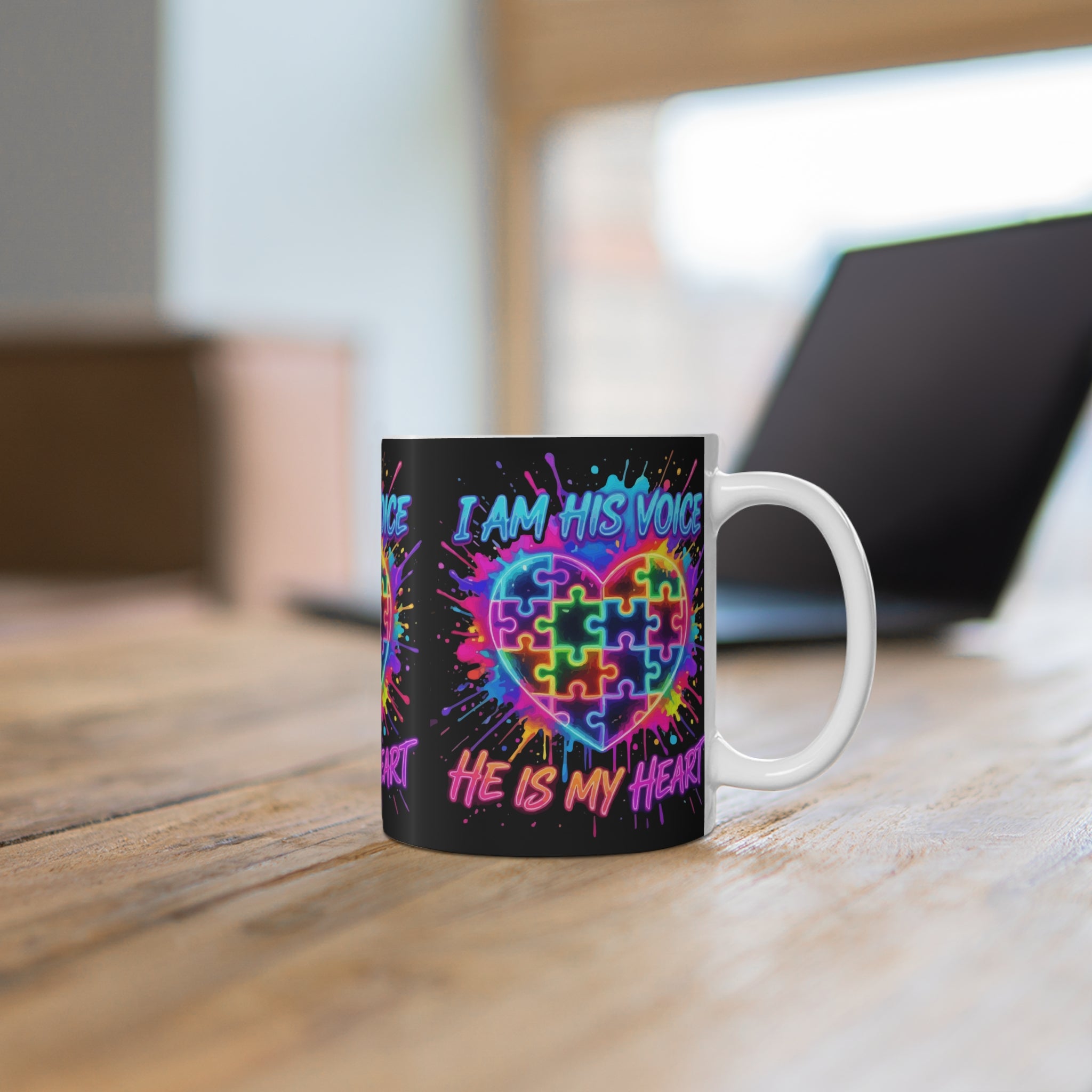 Autism Awareness Mug — "I Am His Voice, He Is My Heart" Rainbow Puzzle Heart 11oz