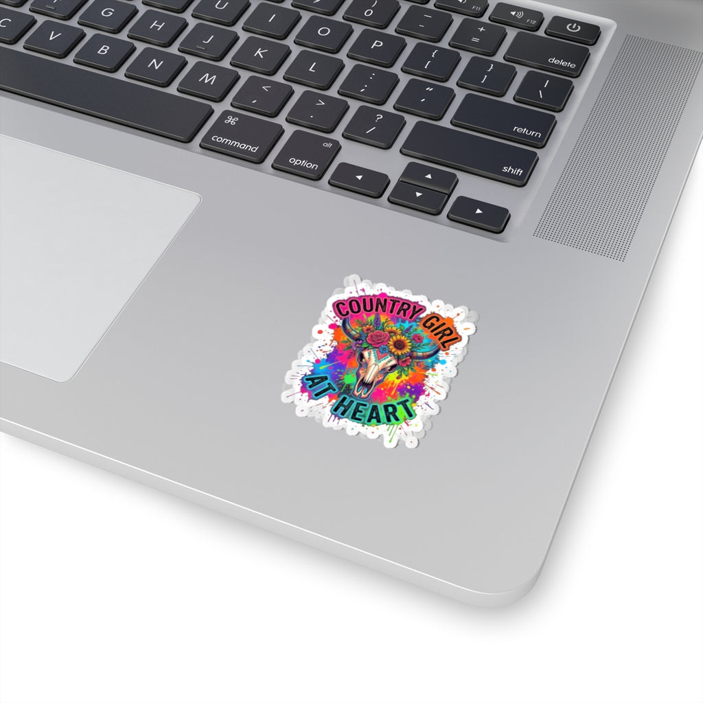 Country Girl At Heart Kiss-Cut Sticker — Colorful Floral Steer Skull Decal