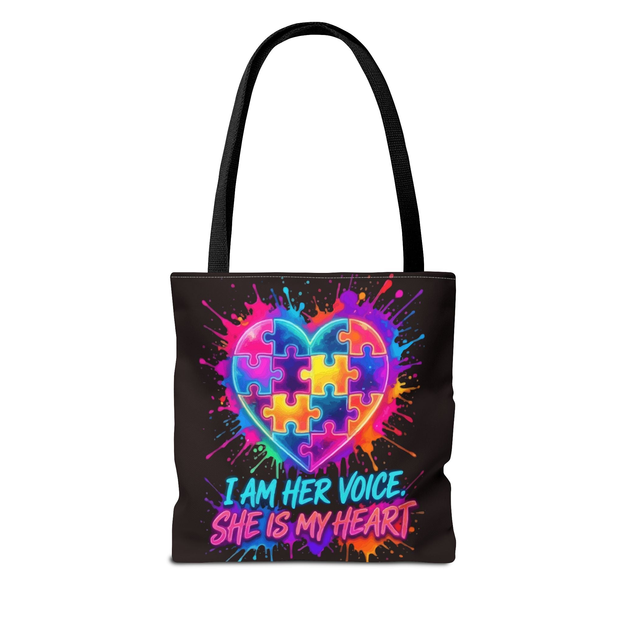 Autism Awareness Heart Tote Bag — "I Am Her Voice, She Is My Heart" Colorful Puzzle Design