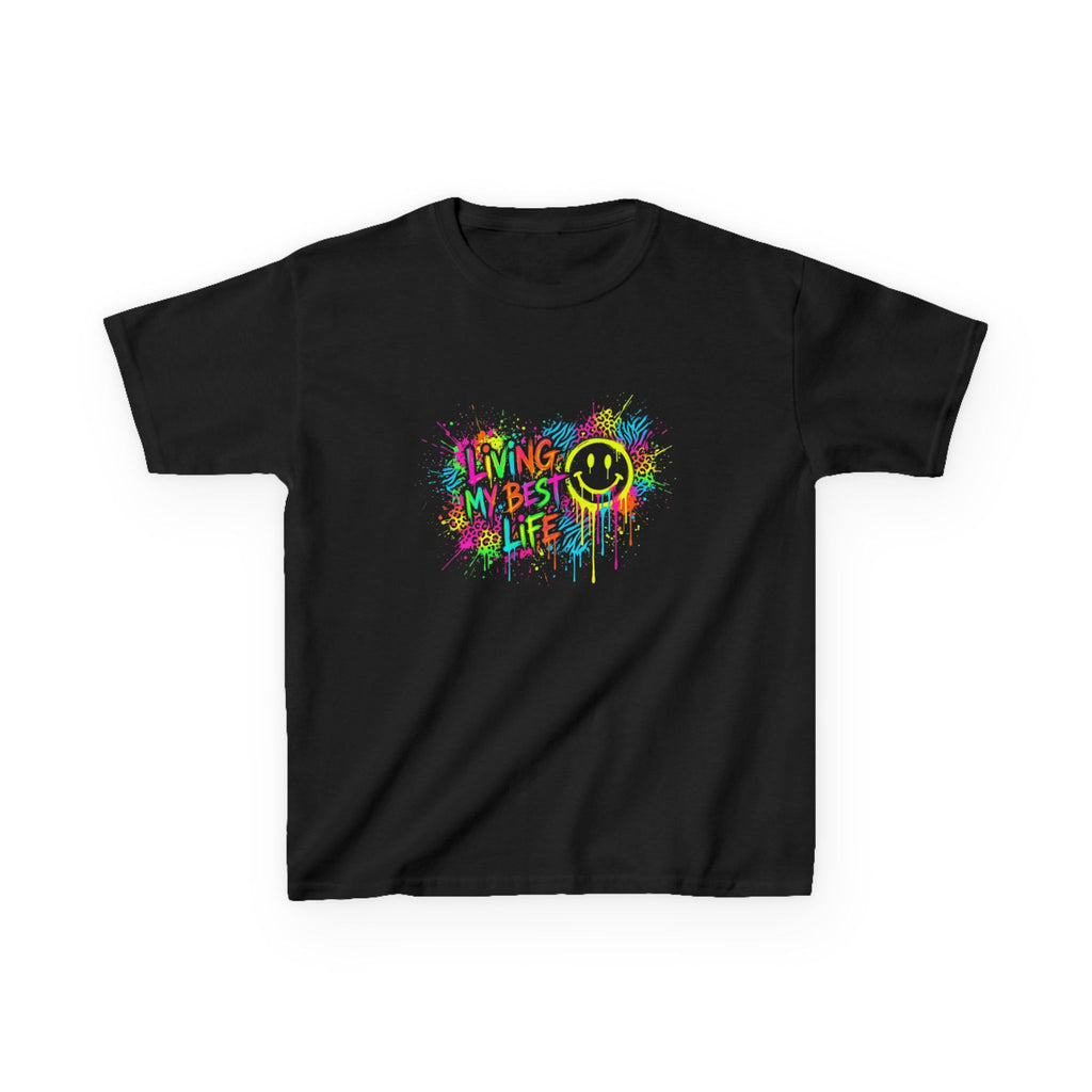 Kids T-Shirt — 'Living My Best Life' Neon Paint Smiley Graphic