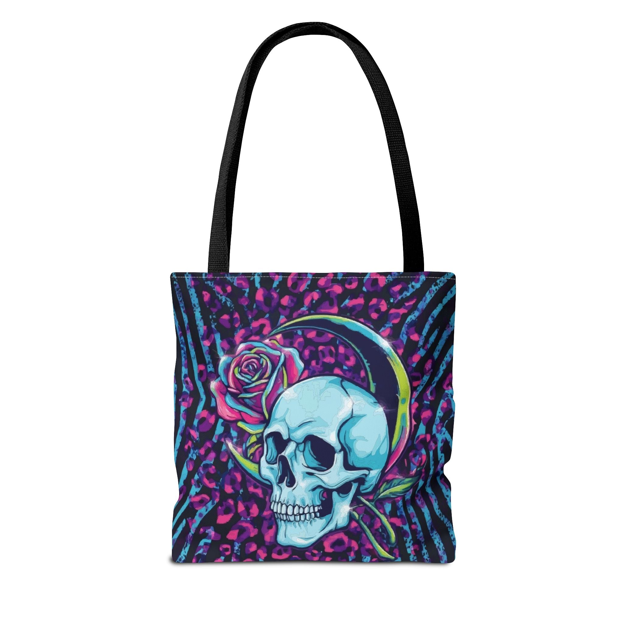 Skull & Rose Tote Bag — Neon Gothic Crescent Moon AOP Tote